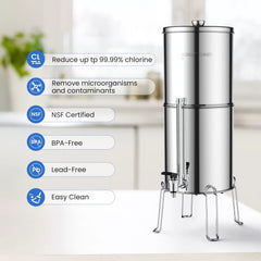 Glacier Fresh Gravity-fed Water Filter System, 3G Stainless-Steel System with 6 Filters, Metal Water Level Spigot, and Stand